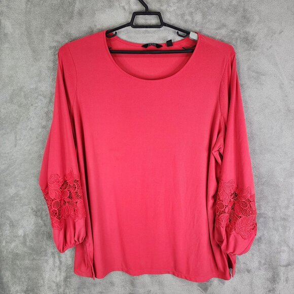 Womens Red Dennis Basso Top Blouse Polyester Long Lace Sleeve Round Neck 3X - Picture 2 of 8